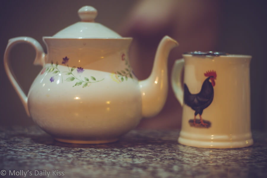 A teapot and teacup with tits in the background for low tea